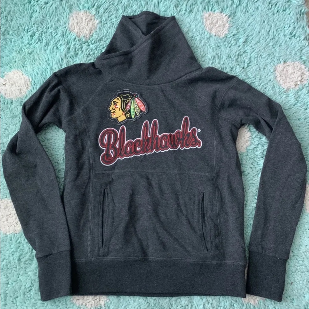 Chicago Blackhawks Sweatshirt Gray Pullover Vintage XS Funnel Turtleneck Pocket